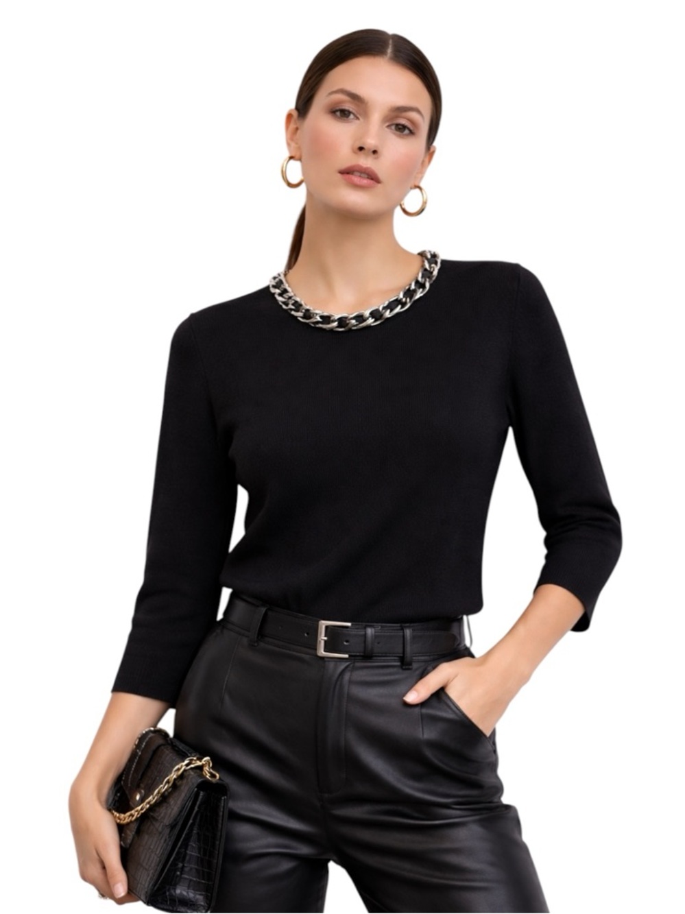 Jones NY Chain Detail Black Sweater Women’s XL Minimalist Chic Elevated Basic